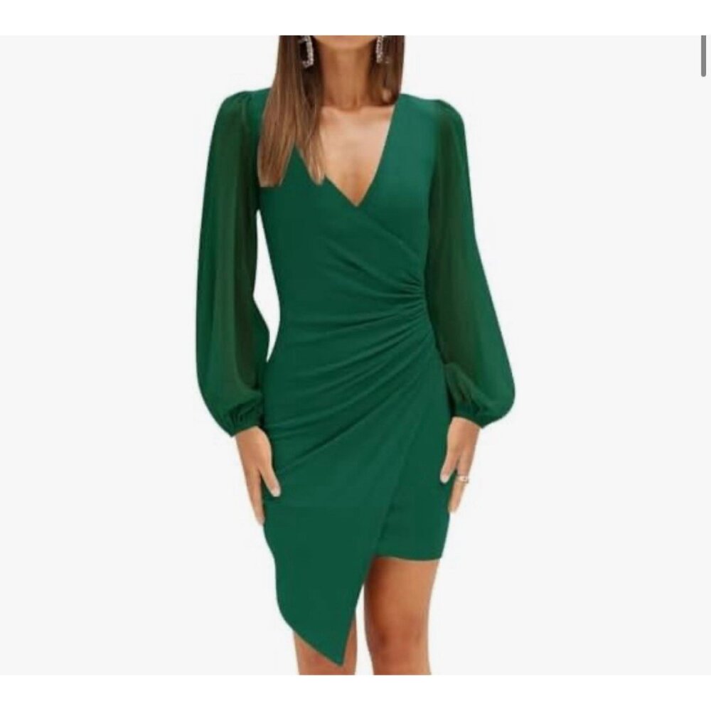 Dark Green Women’s Wrap V Neck Bodycon Mini  Puff Long Sleeve Dress Ruched SZ L